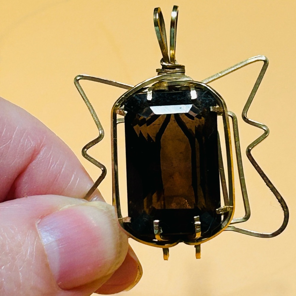 Wire Wrapped Smokey Quartz, Yellow Gold Tone. Vintage
